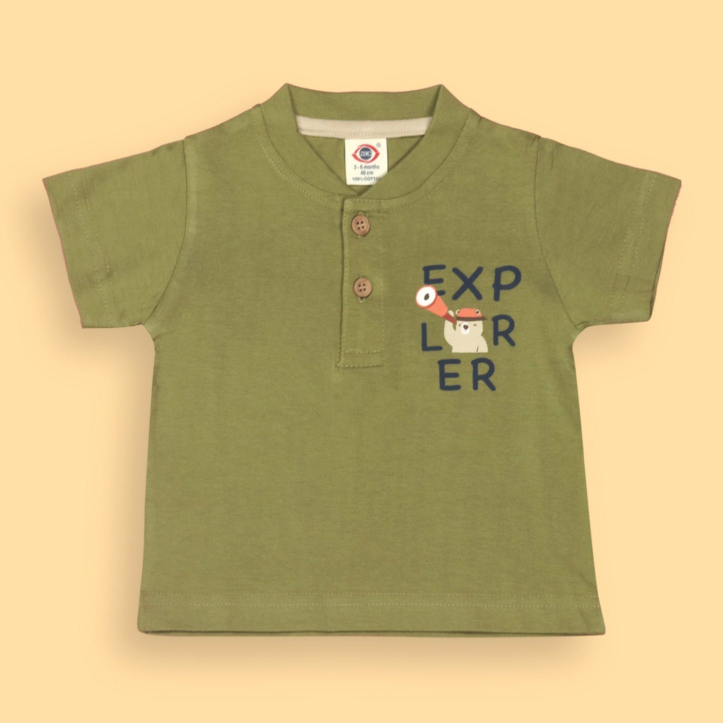 Zero Boys’ Summer Essentials Set – Limegreen Half Sleeve Teddy Bear Cartoon Tee with Front Button & Elastic Waist Shorts