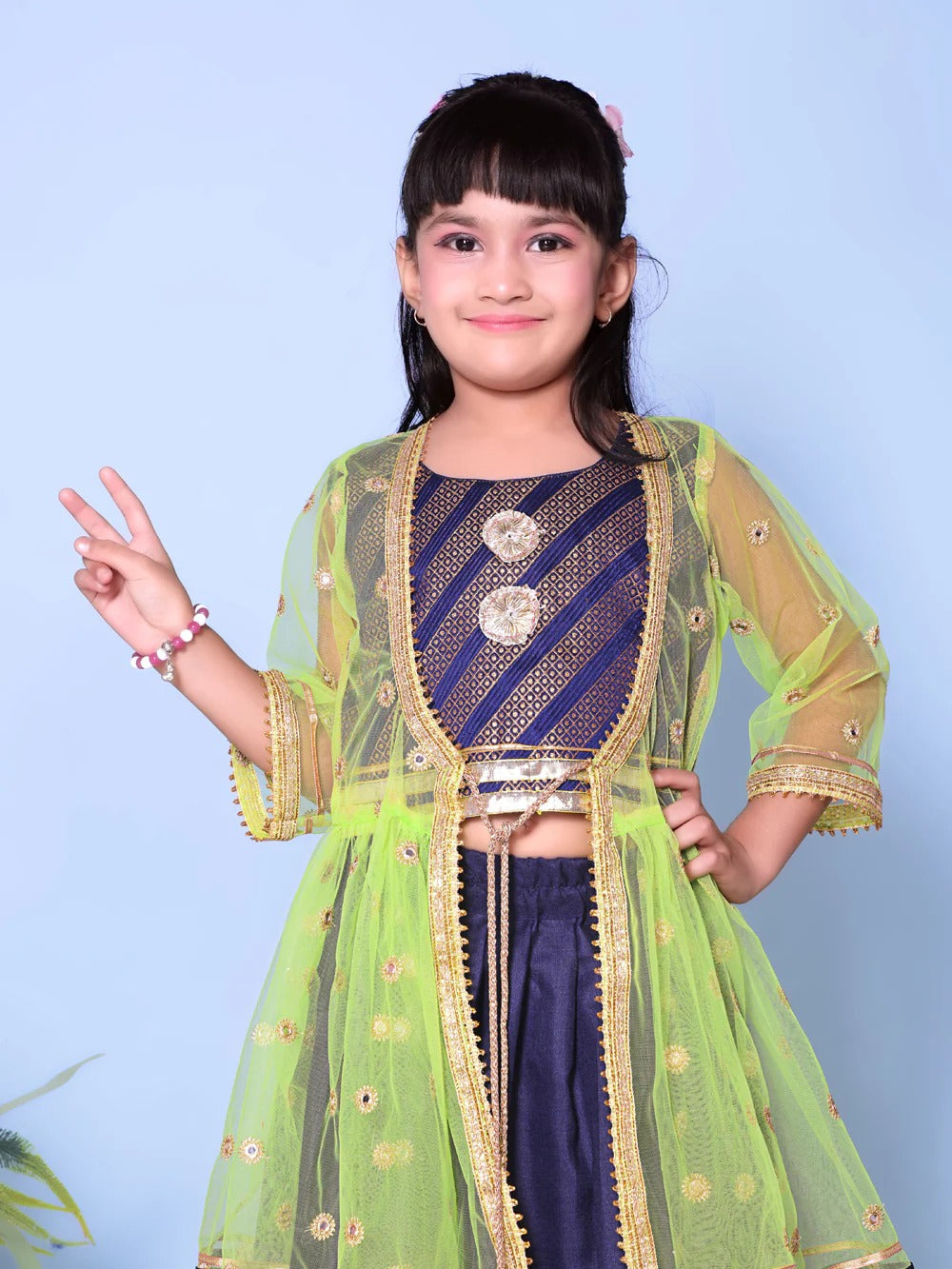 Classic Blue, Lemon Fresh: Embroidered Lehenga Choli Set with a Lively Limegreen Dupatta