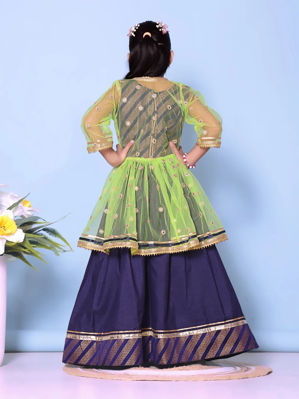 Classic Blue, Lemon Fresh: Embroidered Lehenga Choli Set with a Lively Limegreen Dupatta
