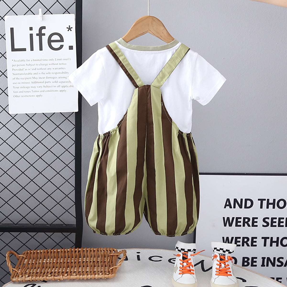 Boys Short Sleeves T-Shirt With Green
Vertical Striped Dungaree Set