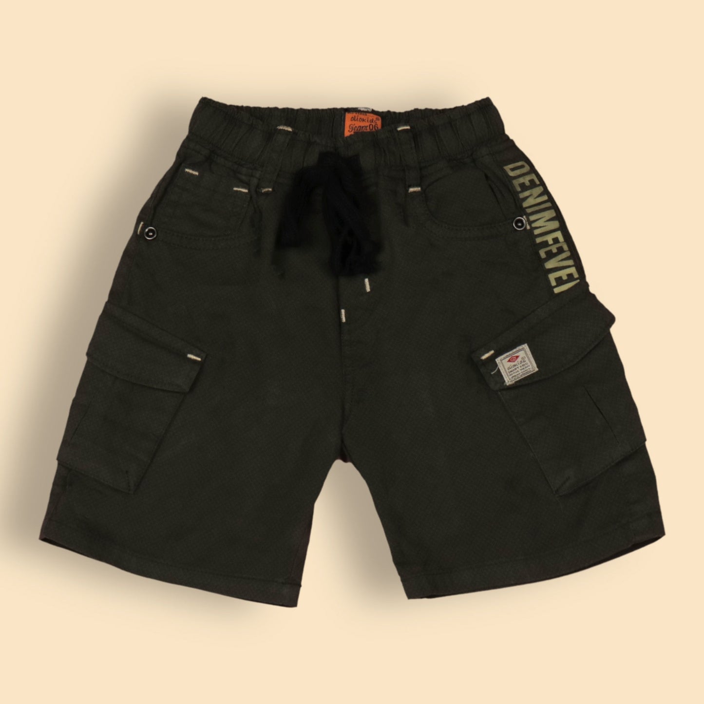 Boys’ Olive Green Cargo Shorts by OlioKids – Knee-Length Denim, 4-Pocket, Stylish Party & Outdoor Comfort