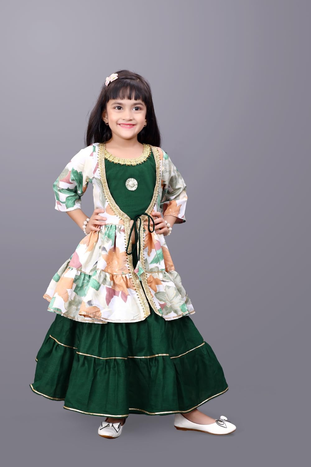 Garden Party Princess: Dark Green Lehenga and Colorful Floral Koti Set by Satyam Fab