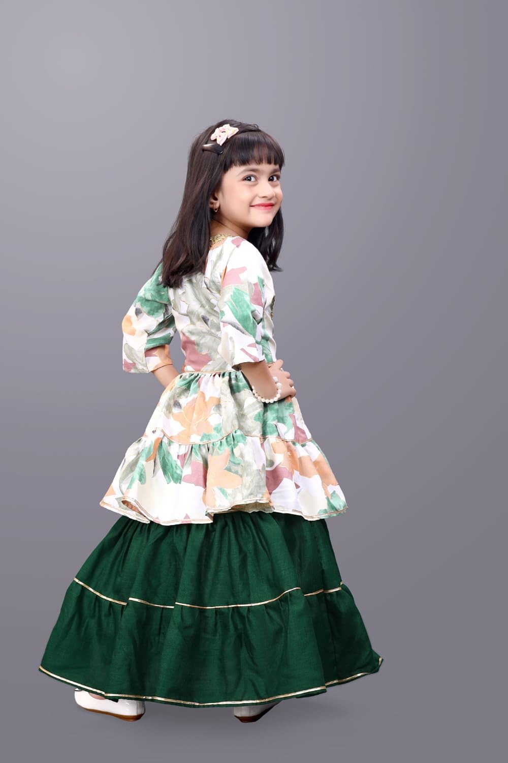 Garden Party Princess: Dark Green Lehenga and Colorful Floral Koti Set by Satyam Fab
