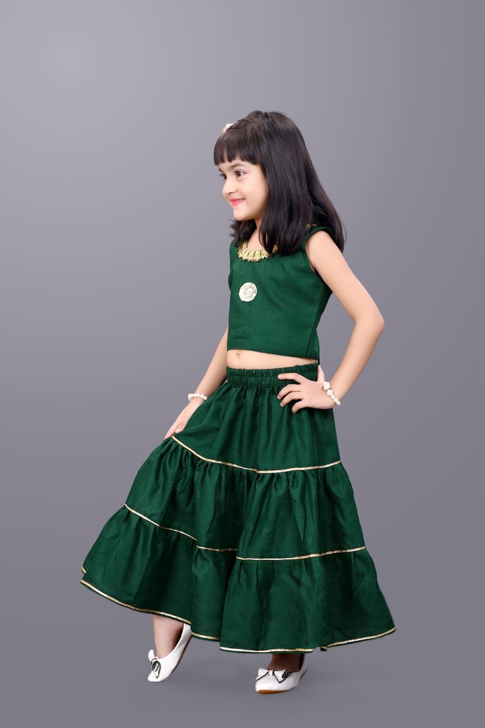 Garden Party Princess: Dark Green Lehenga and Colorful Floral Koti Set by Satyam Fab