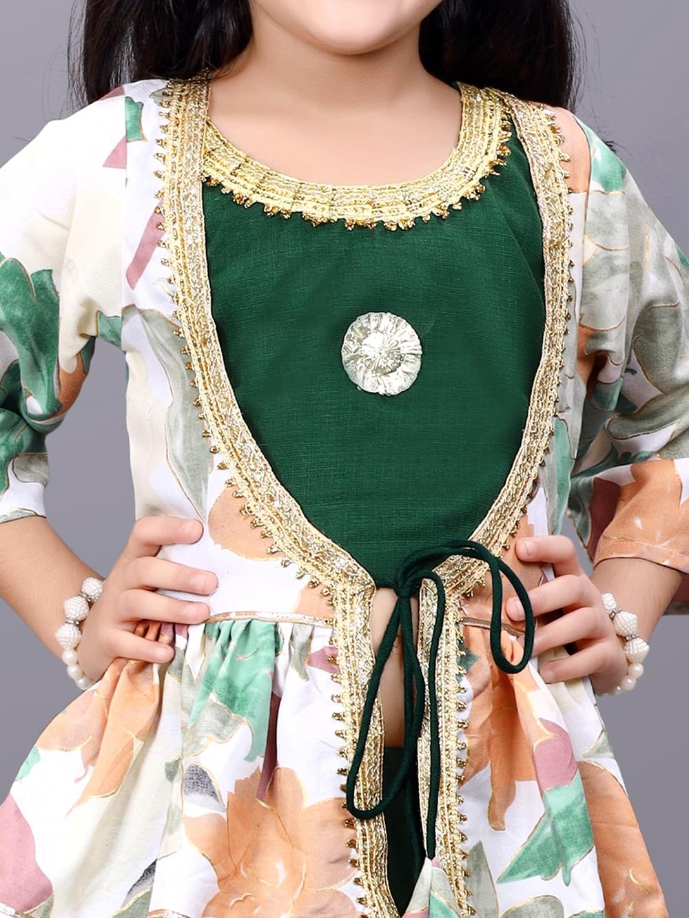 Garden Party Princess: Dark Green Lehenga and Colorful Floral Koti Set by Satyam Fab