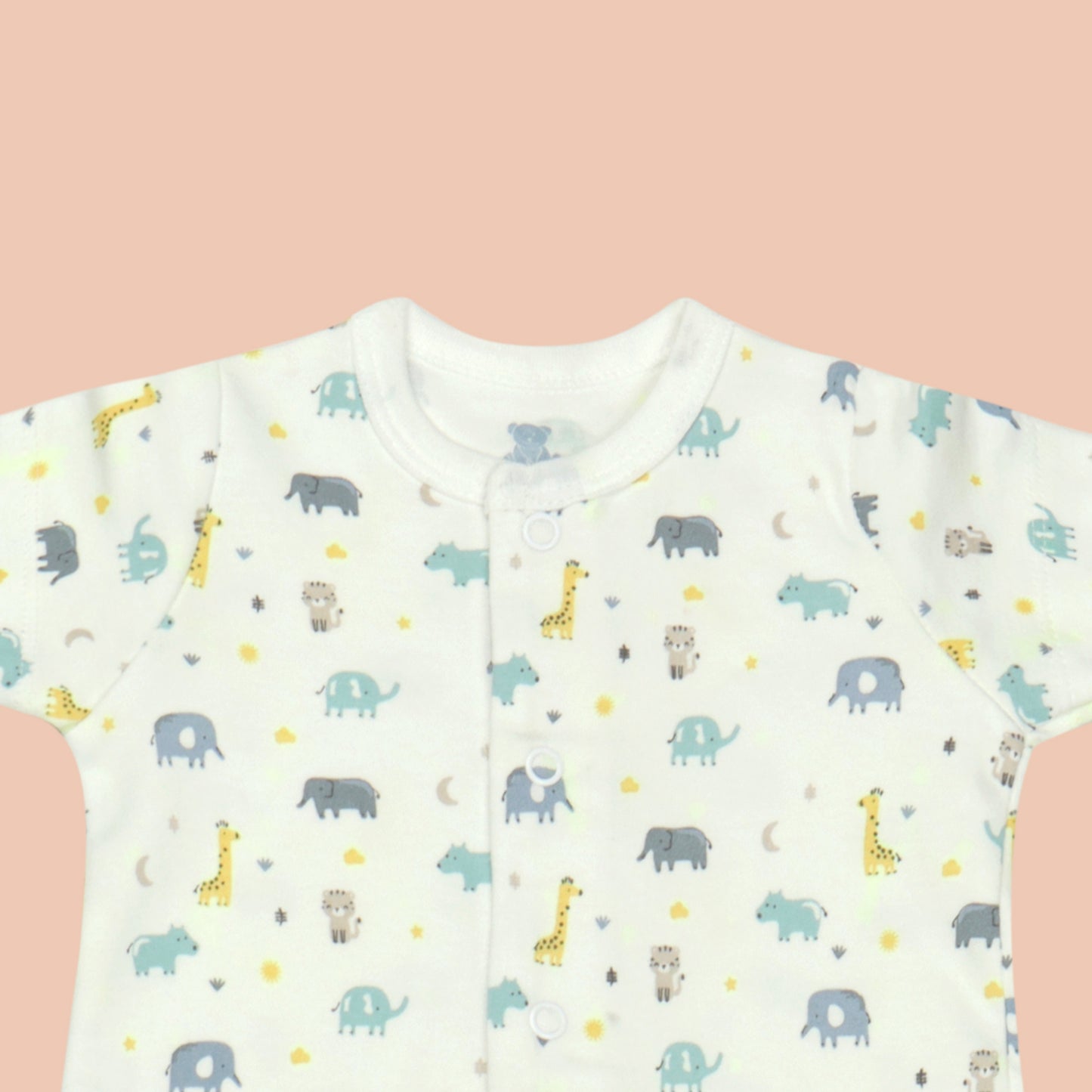 Pack of 3 Adorable Baby Rompers – Navy Blue “Brave Little One” Cat Print, Striped Green with Easy Snap Buttons, Off White Animal Print