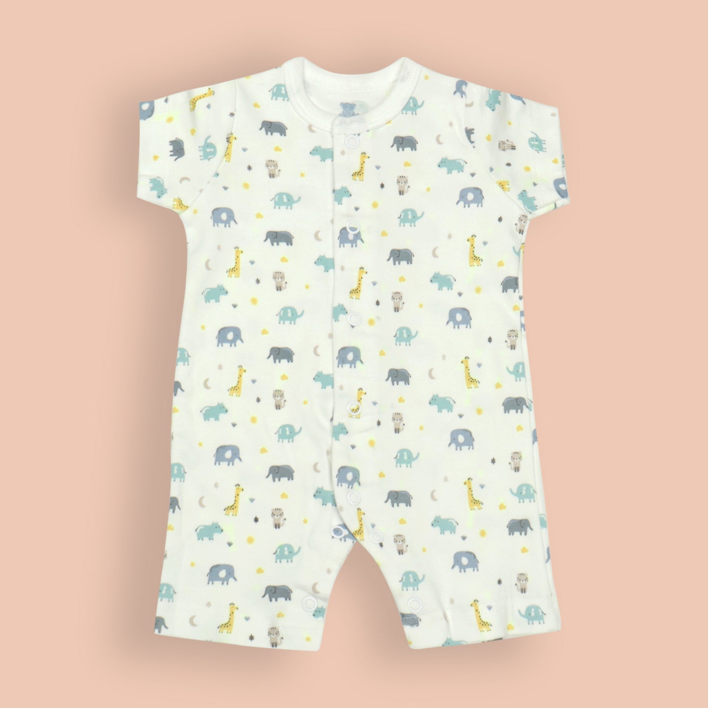 Pack of 3 Adorable Baby Rompers – Navy Blue “Brave Little One” Cat Print, Striped Green with Easy Snap Buttons, Off White Animal Print