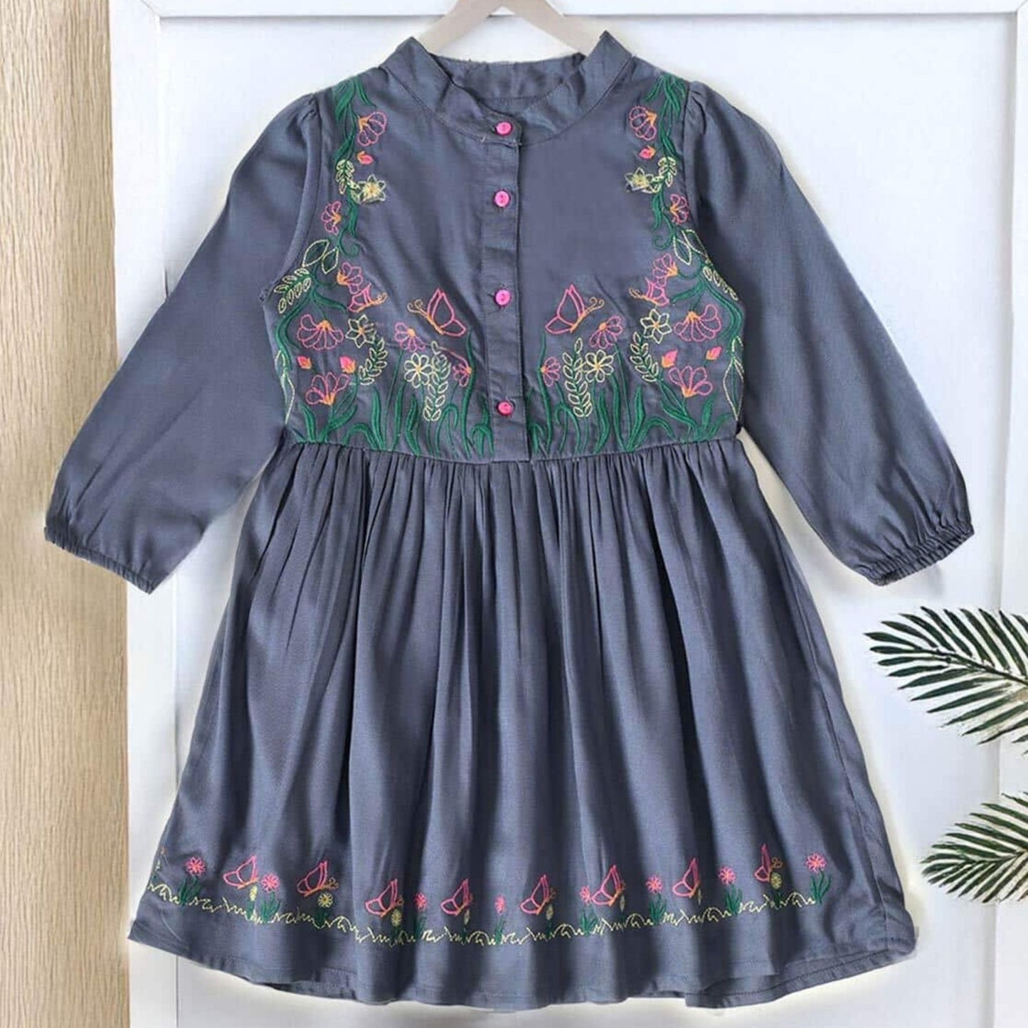 Bella Moda Girls Light Grey Embroidered Cotton Full Sleeve Frock