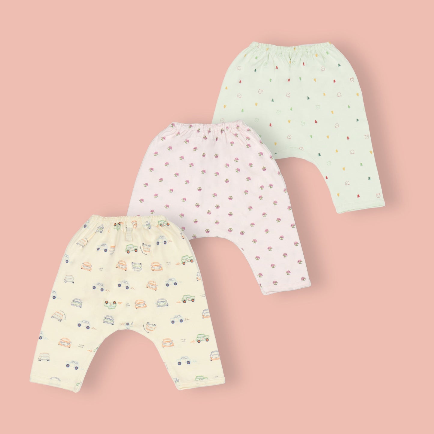 Pink Rabbit Sunny Snuggles: Soft Cotton Trio of Diaper Leggings in Pastel Playfulness