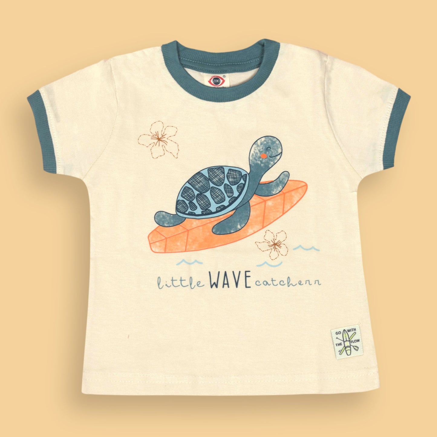 Zero Breathable Turquoise Boys' Set – Surfing Tortoise Placement Print Tee with Round Neck & Comfortable Cotton Shorts