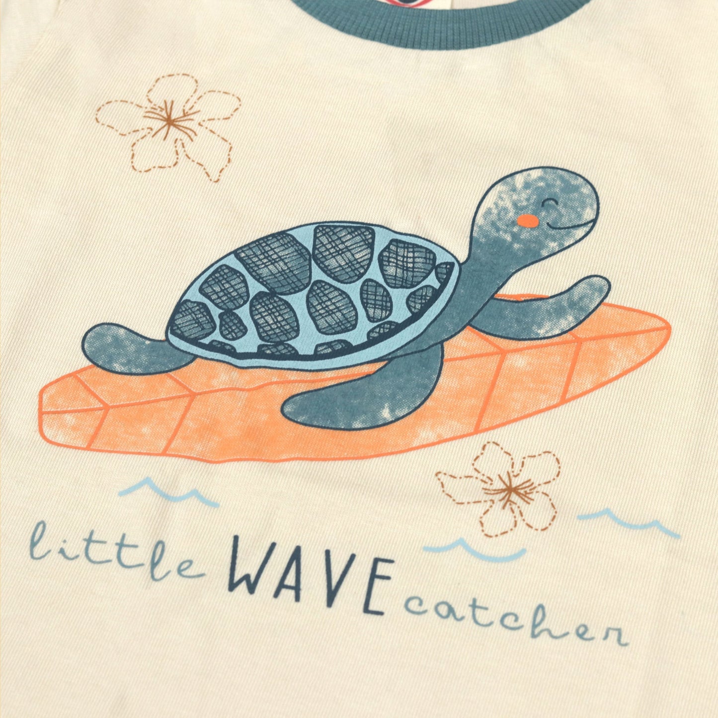 Zero Breathable Turquoise Boys' Set – Surfing Tortoise Placement Print Tee with Round Neck & Comfortable Cotton Shorts