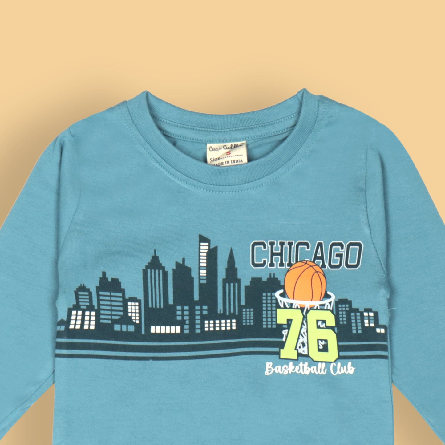 Cucumber Boys’ Essentials – Turquoise Full Sleeve Tee with Chicago Basketball Club & City Print, Cotton Blend
