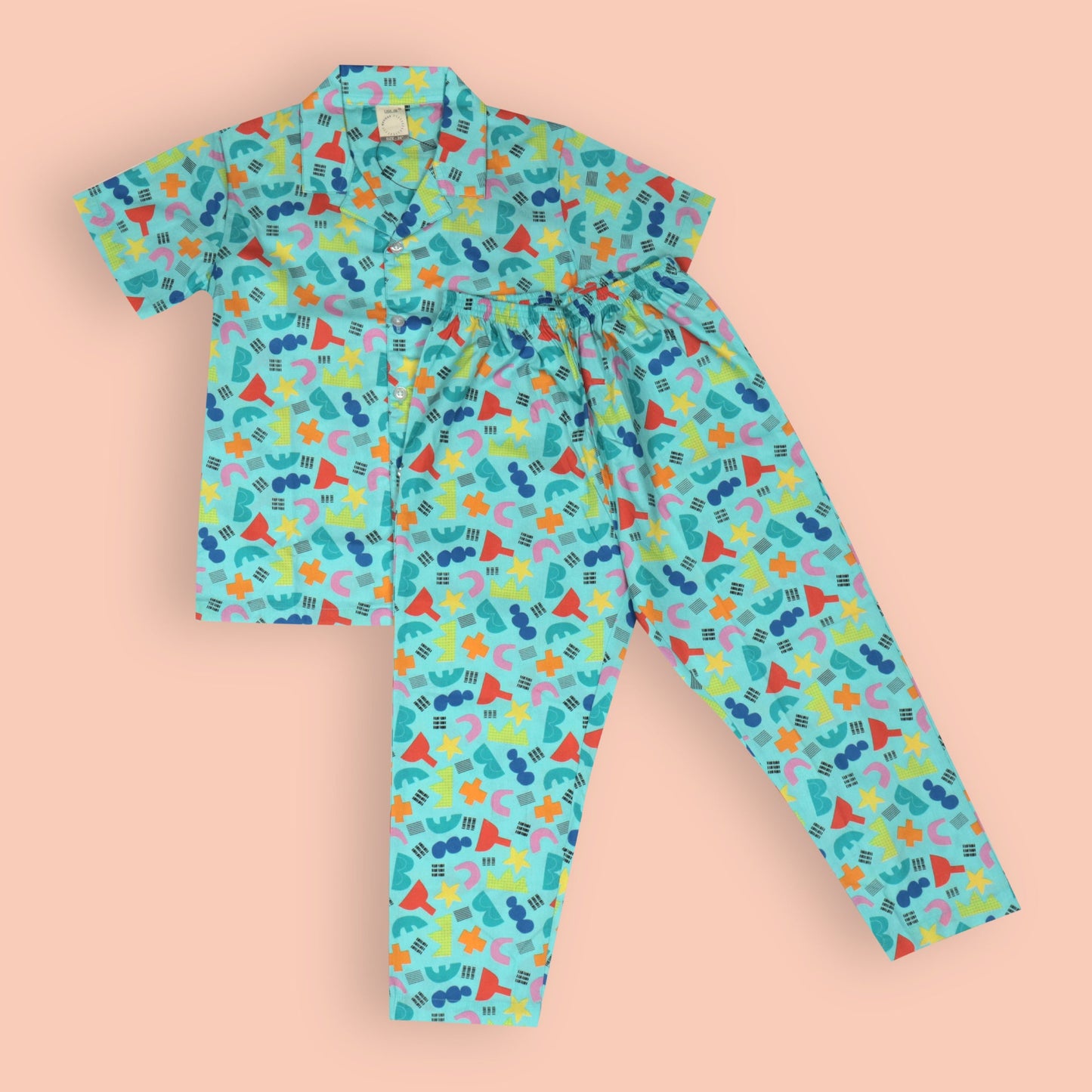 Boys’ Cozy Star Print Pyjama Set – Turquoise Cotton Collar Shirt with Front Buttons & Full-Length Pants