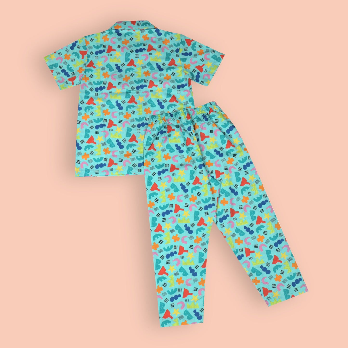 Boys’ Cozy Star Print Pyjama Set – Turquoise Cotton Collar Shirt with Front Buttons & Full-Length Pants
