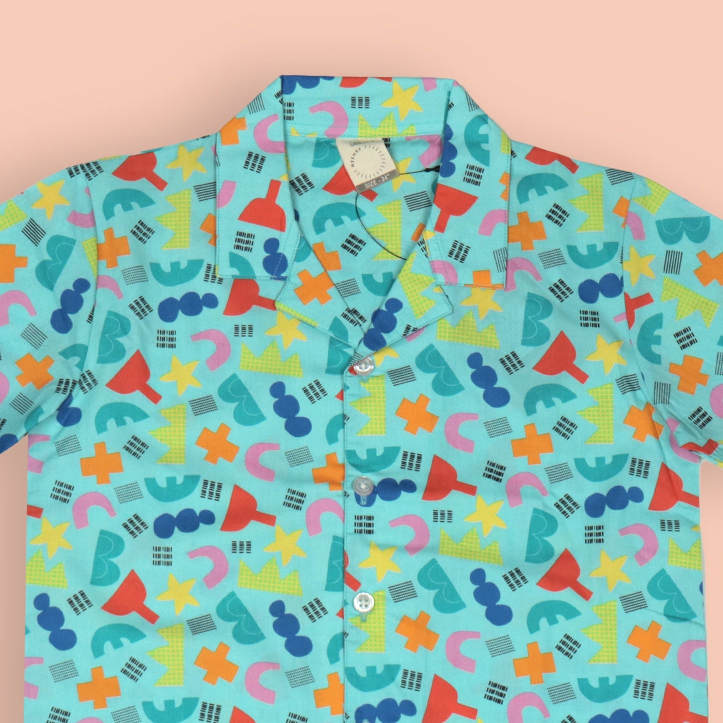 Boys’ Cozy Star Print Pyjama Set – Turquoise Cotton Collar Shirt with Front Buttons & Full-Length Pants