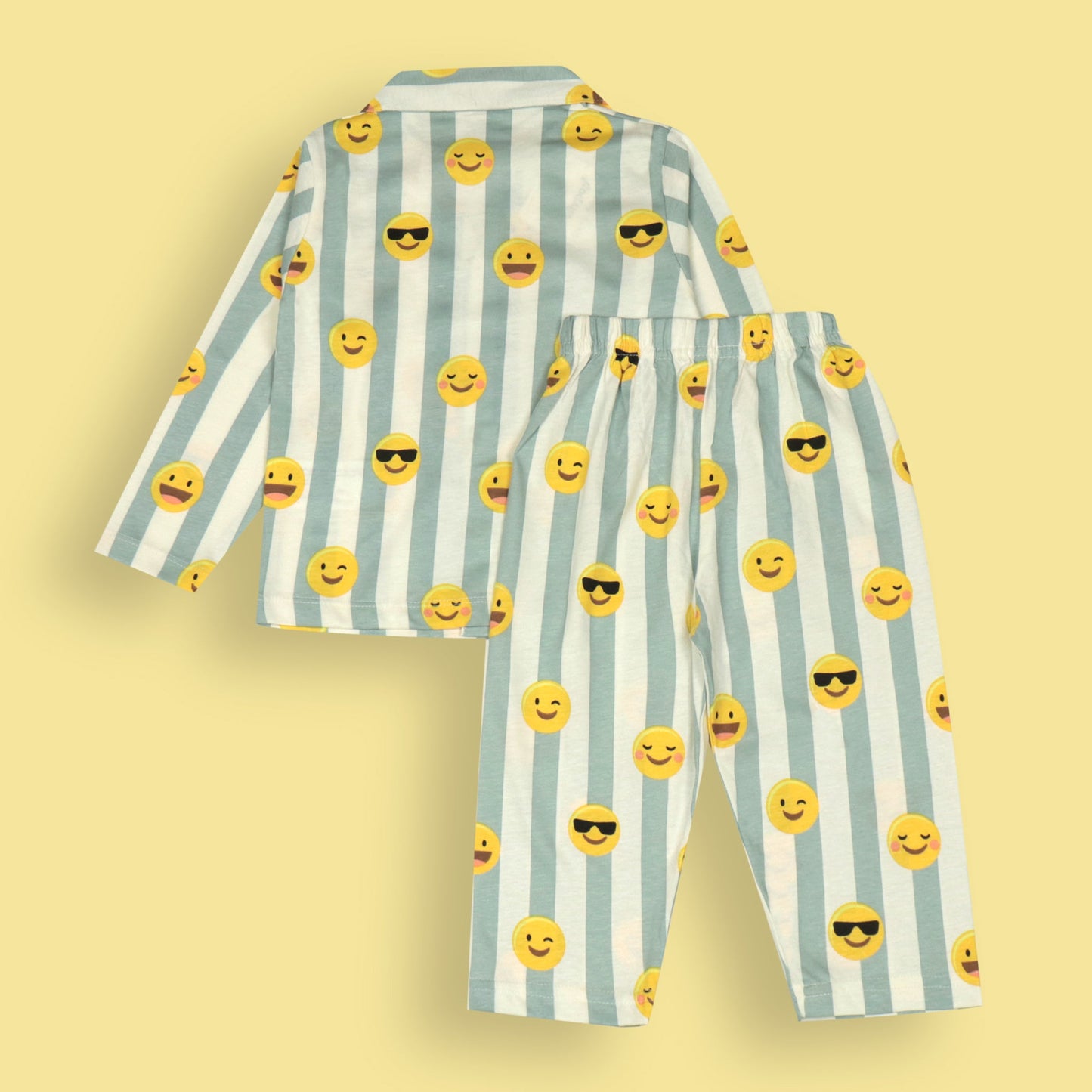 Ollypop Teal Blue Nightwear Set – Cheerful Stripes & Smiley Print, Soft Sinker Fabric, Cozy Dreams Await!