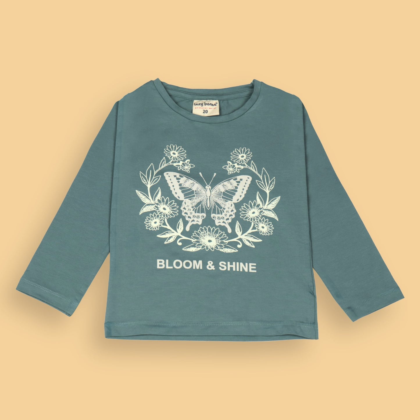 Ollypop Girl Teal Blue 'BLOOM & SHINE' Butterfly & Large Flower Print Cotton Full Sleeve T-Shirt