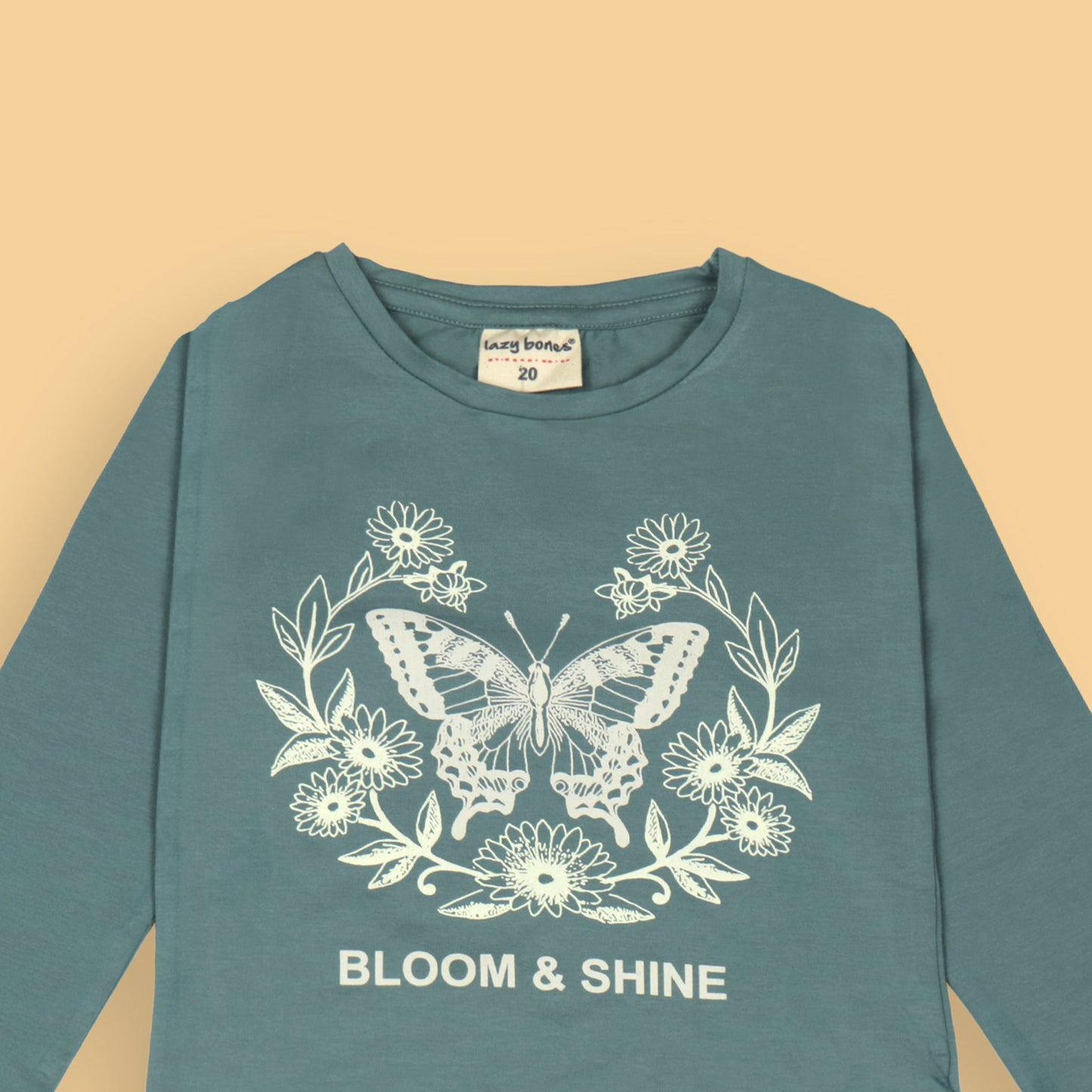 Ollypop Girl Teal Blue 'BLOOM & SHINE' Butterfly & Large Flower Print Cotton Full Sleeve T-Shirt