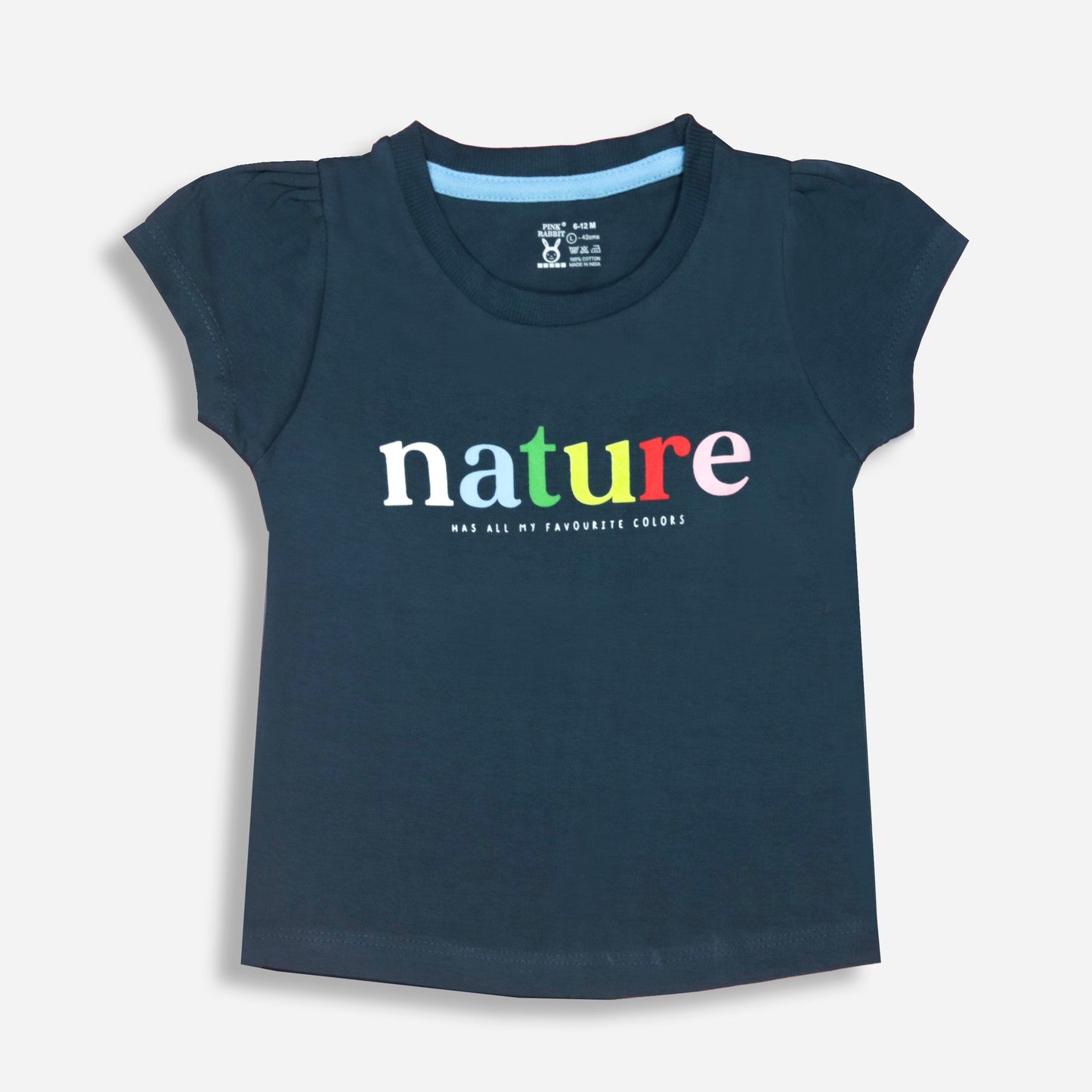 Girls’ Playful Quotation Print T-Shirt – Pink Rabbit Teal Blue Essentials Tee