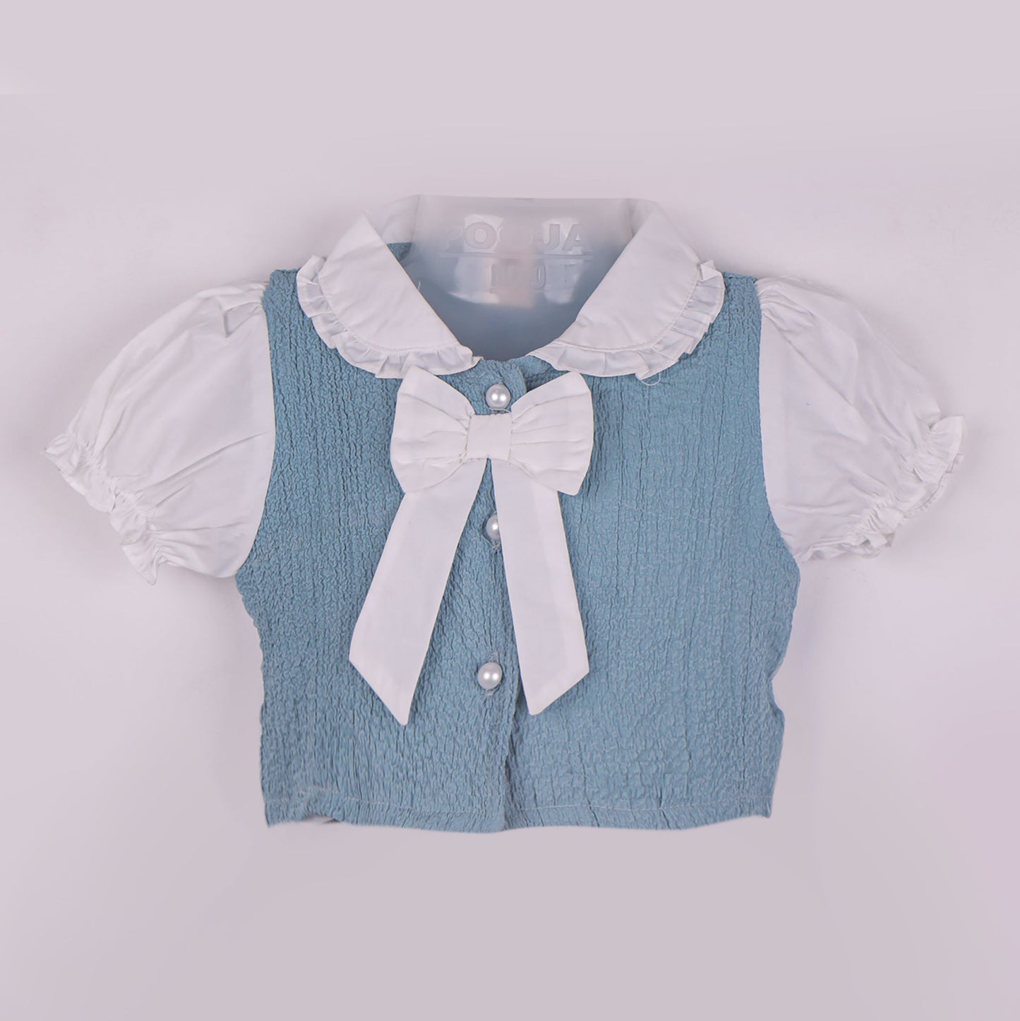 Toffyhouse Girls’ Teal Blue Cotton Blend Set – Cap Sleeve Mandarin Collar Top