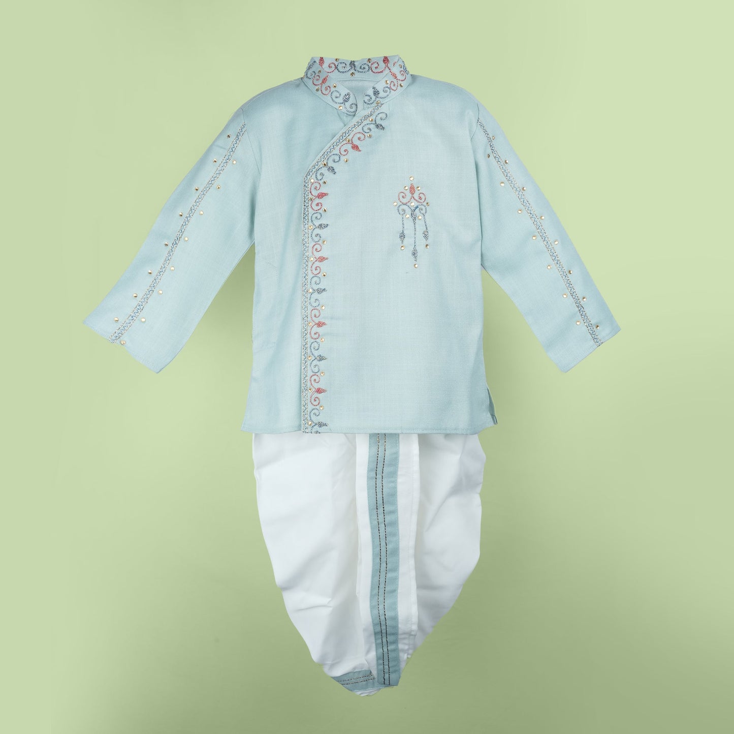 Archies Boys’ Cotton Dhoti Kurta Set with Embroidery – Teal Blue Festival Wear