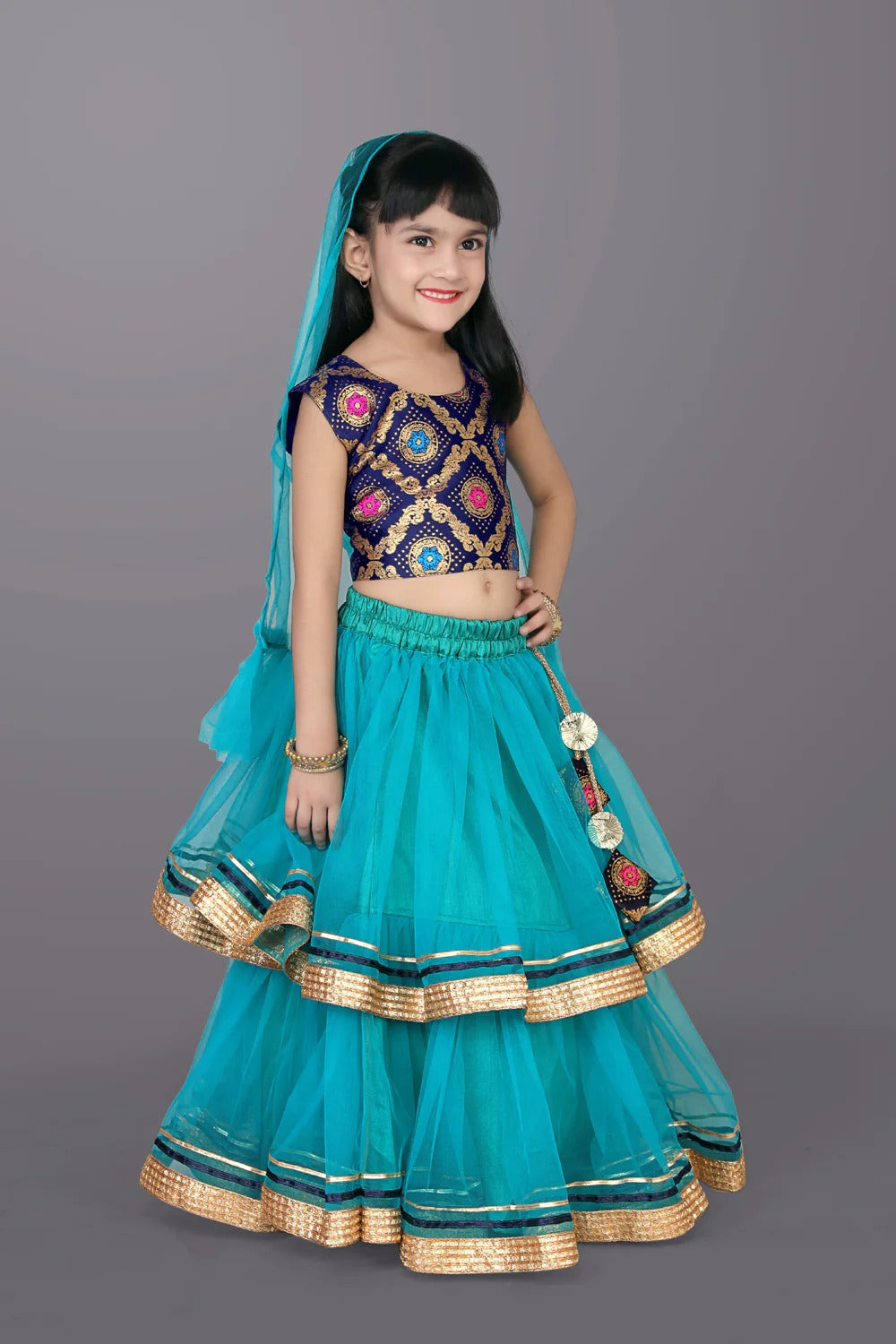 Little Diva’s Delight: Teal Blue & Lace Embroidered Lehenga Choli for Celebrations