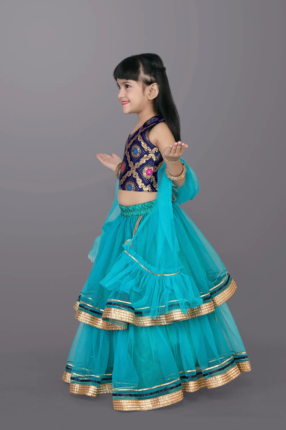 Little Diva’s Delight: Teal Blue & Lace Embroidered Lehenga Choli for Celebrations