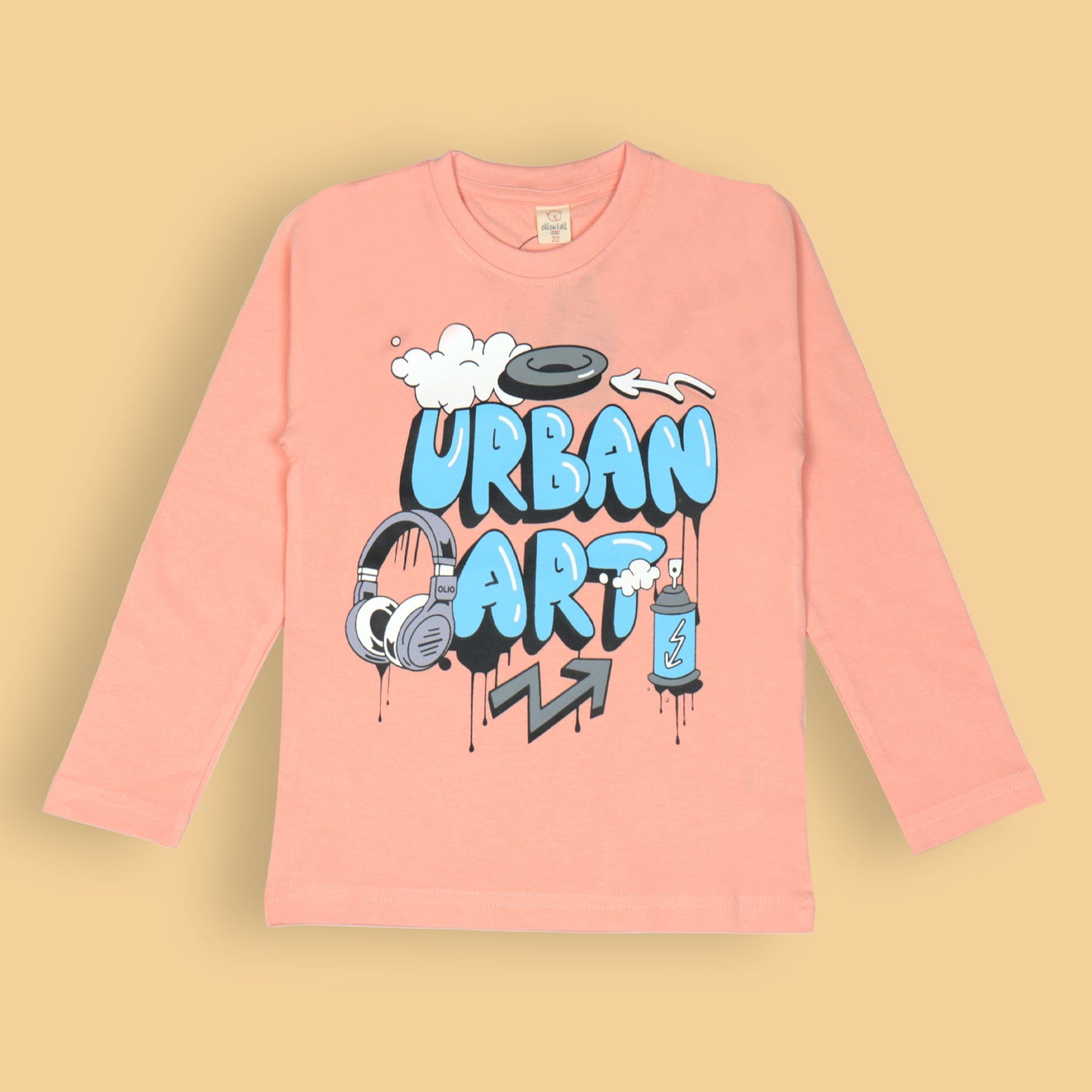 OlioKids Boys’ Dark Peach Full Sleeve Tee – URBAN ART Revolt Print, Extra Soft Cotton, Outdoor & Party Essential