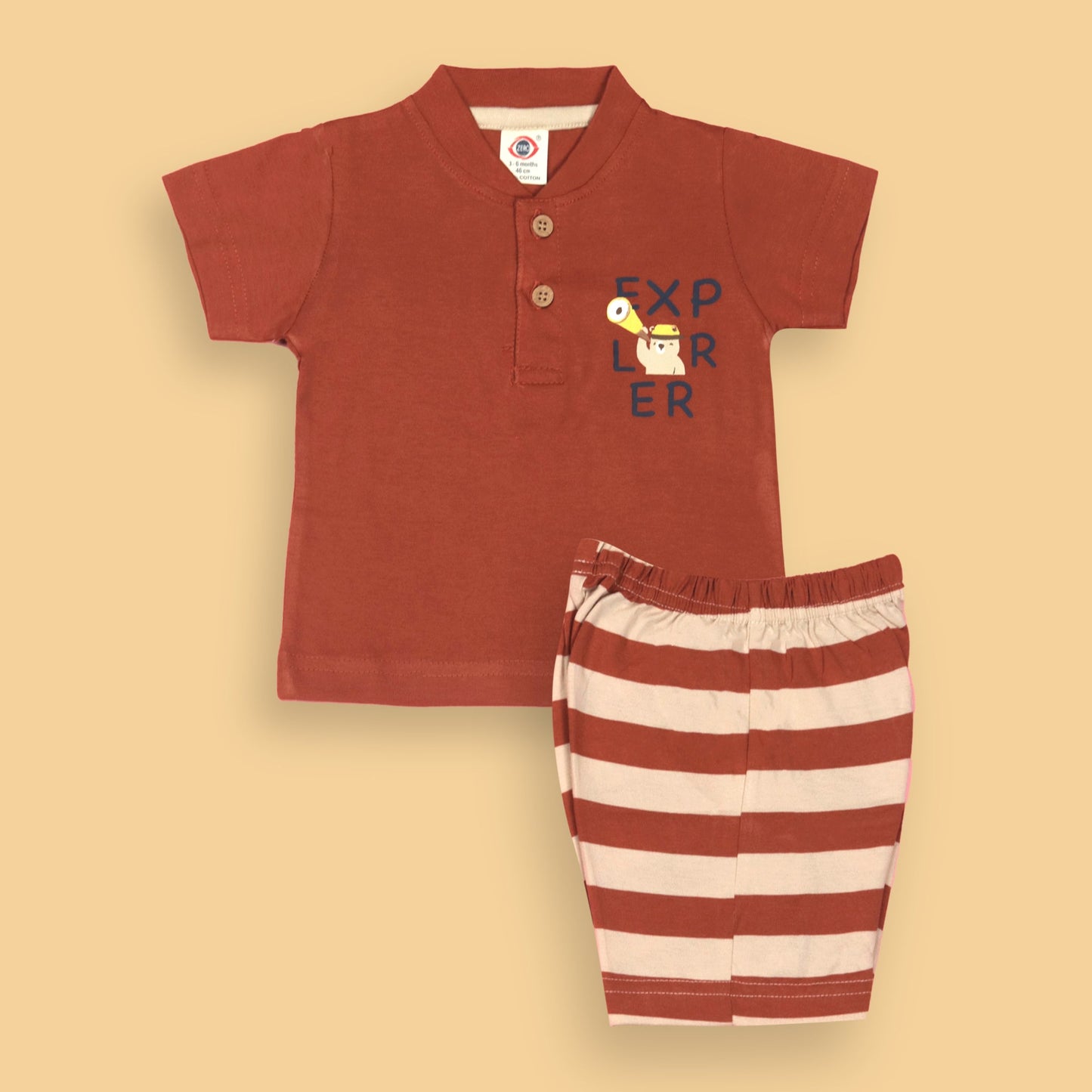 Zero Boys’ Summer Essentials Set – Dark Orange Half Sleeve Teddy Bear Cartoon Tee with Front Button & Elastic Waist Shorts