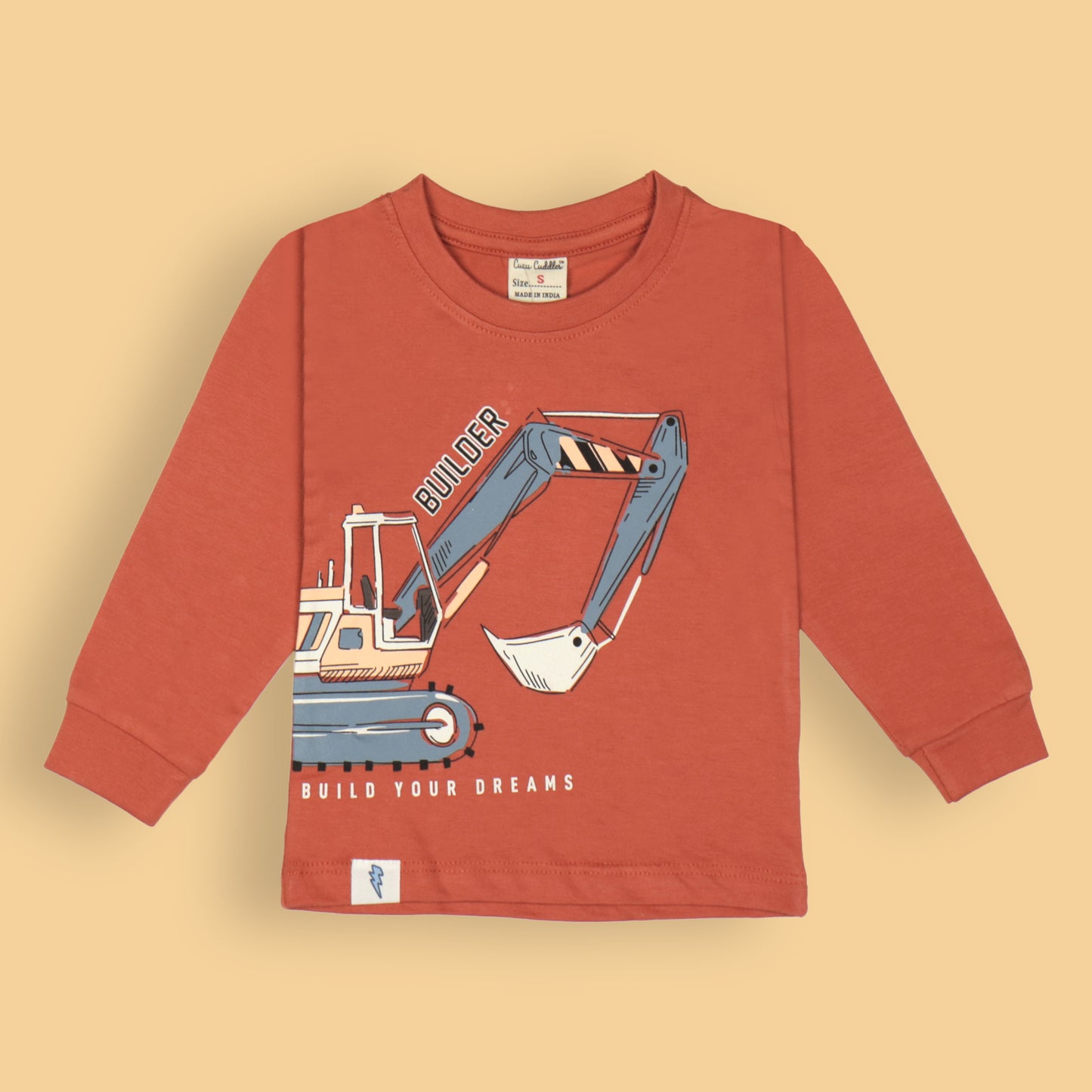 Builder – Build Your Dreams Dark Orange Tee by Cucumber – Boys’ Full Sleeves, Soft Cotton Blend Comfort