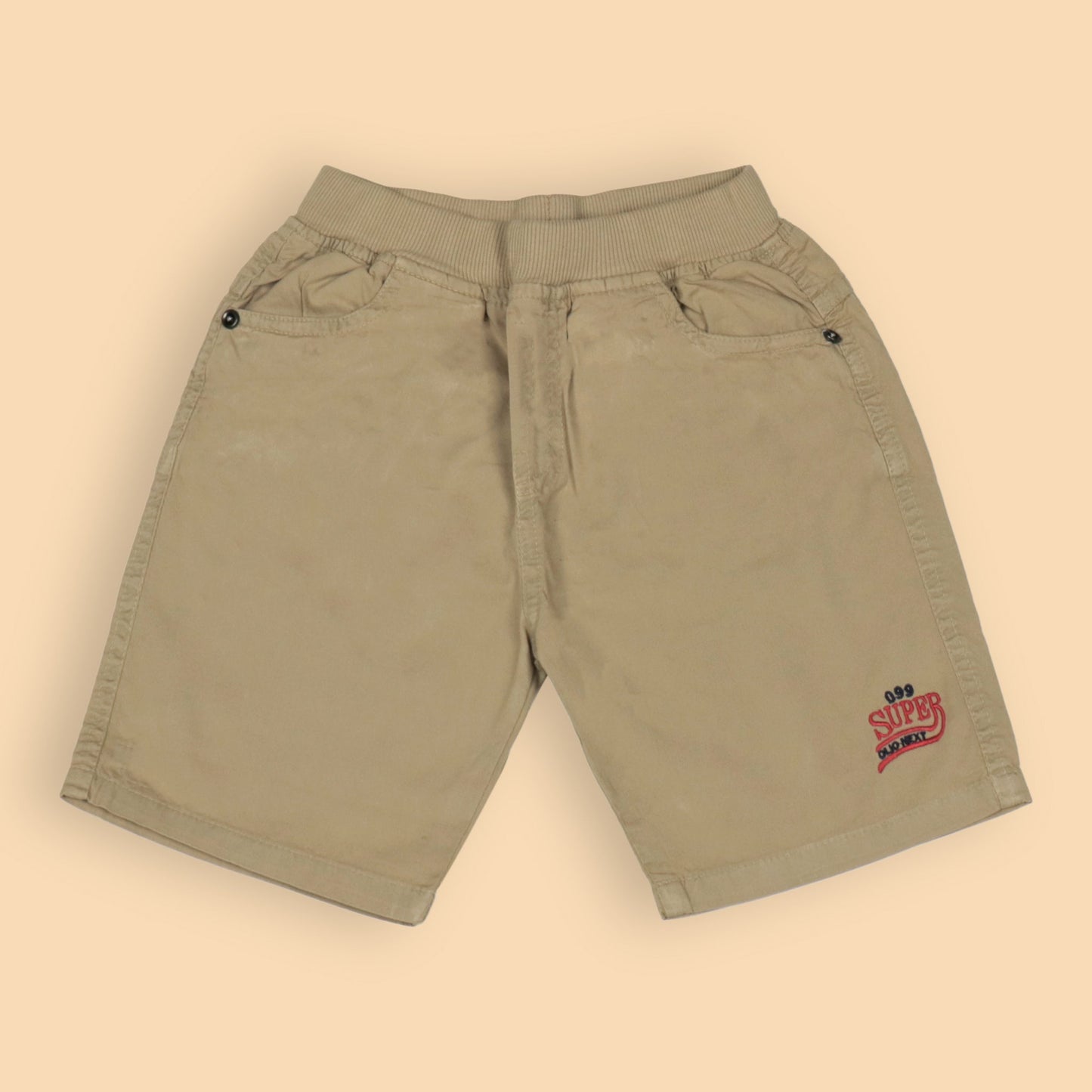 Oliokids Boys’ Essential Light Khaaki Shorts – Ribbed Cotton, Knee Length, 3 Pockets, Regular Fit
