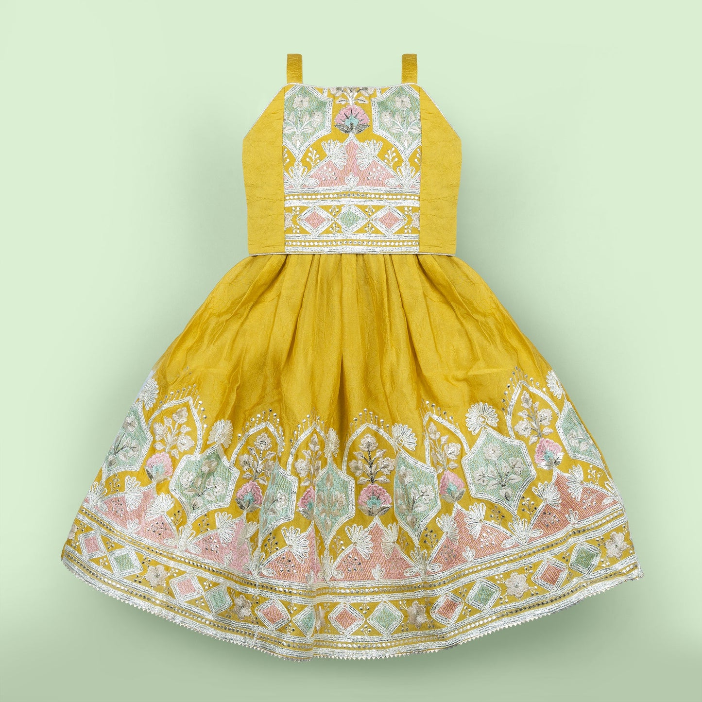 Little Diva’s Delight: Khaki Dark Lehenga Choli with Lace and Elastic Waist Skirt by Sparkle