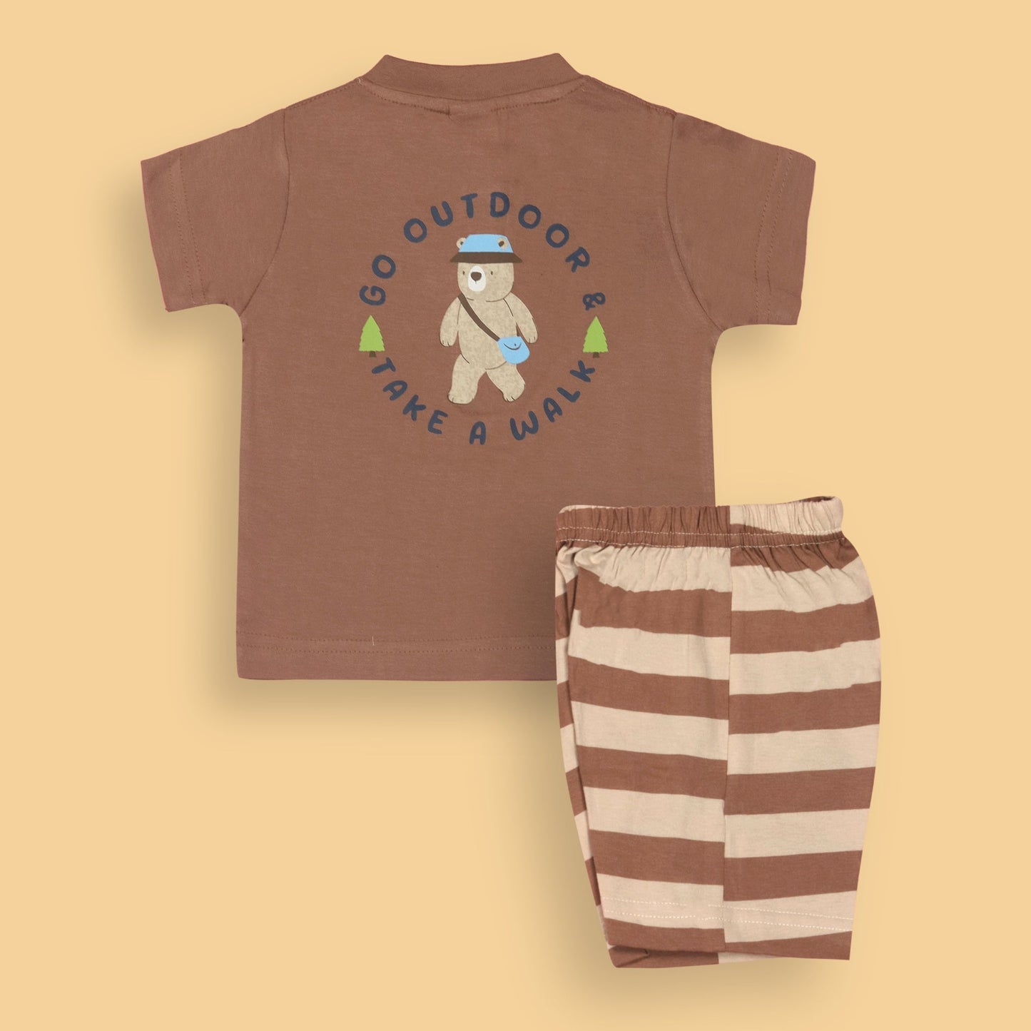 Zero Boys’ Summer Essentials Set – Camel Color Half Sleeve Teddy Bear Cartoon Tee with Front Button & Elastic Waist Shorts