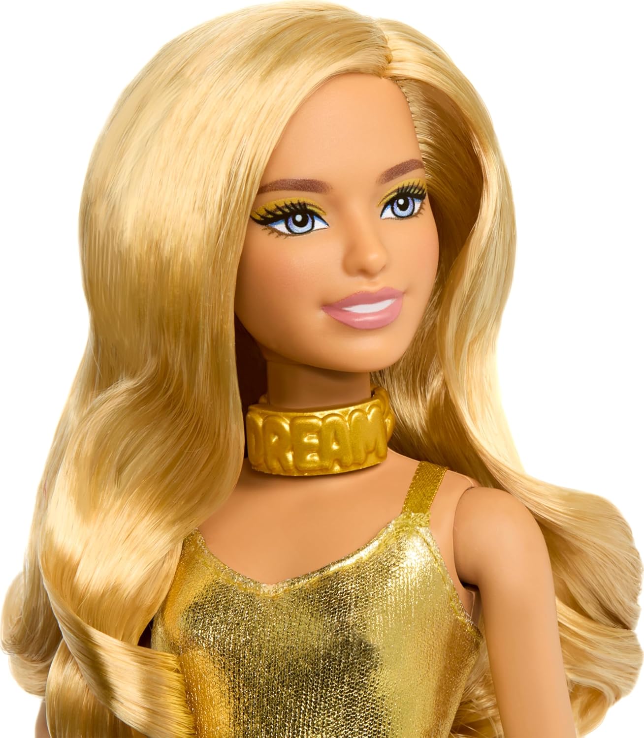 Barbie Fashionistas Doll – Petite Blonde with Wavy Hair, Golden Jumpsuit & Accessories