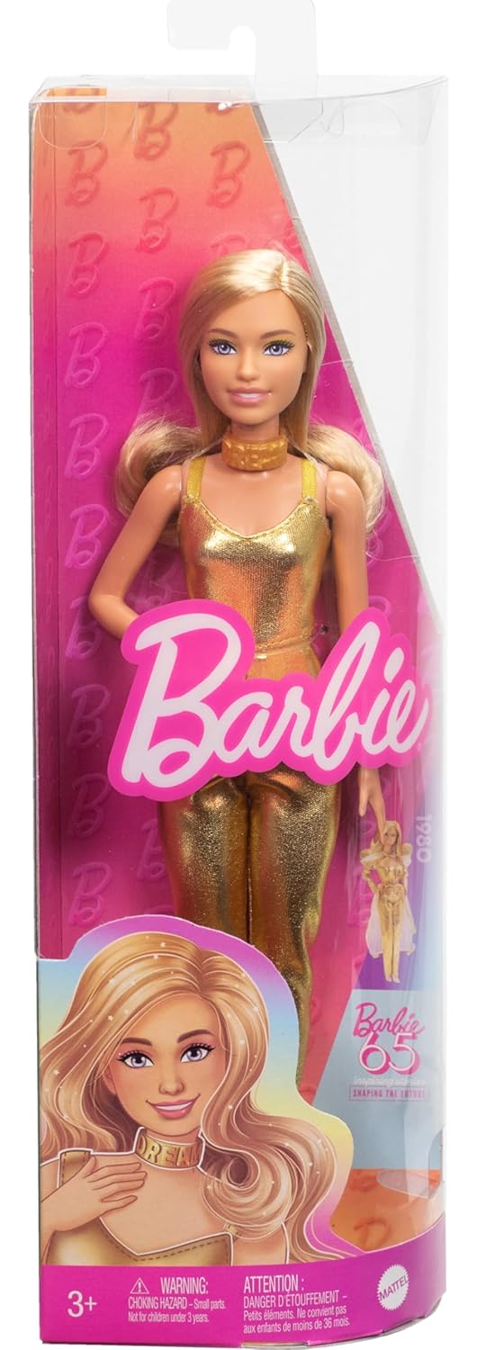 Barbie Fashionistas Doll – Petite Blonde with Wavy Hair, Golden Jumpsuit & Accessories