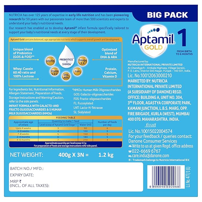 Aptamil Gold Infant Formula Milk Powder for Babies - Stage 1 (Upto 6 Months)