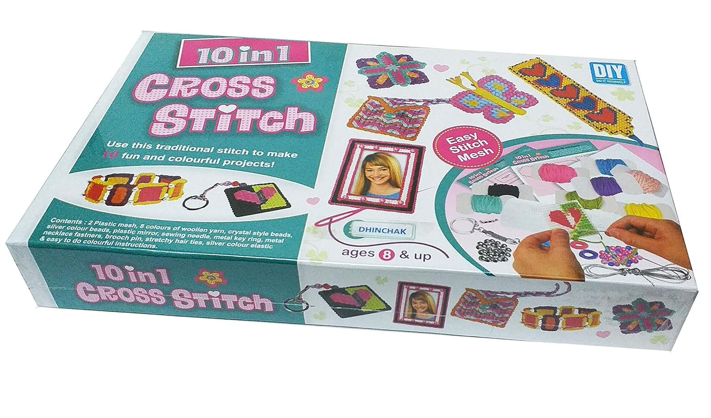 EKTA Cross Stitch 10-in-1 Art and Craft Stitching Game – Create 10 Colorful Projects for Kids – Multicolor, Fabric and Plastic Materials