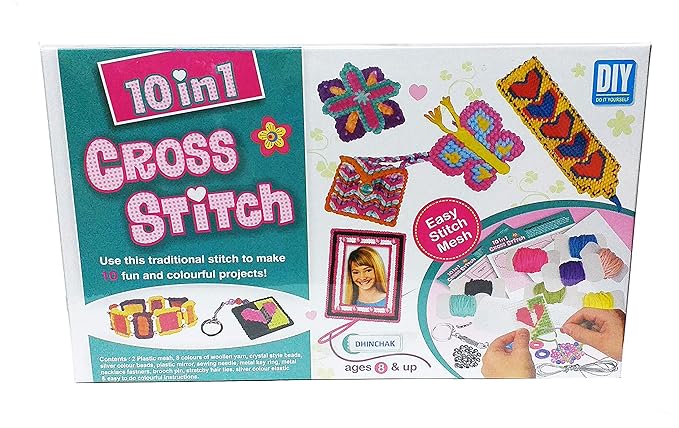 EKTA Cross Stitch 10-in-1 Art and Craft Stitching Game – Create 10 Colorful Projects for Kids – Multicolor, Fabric and Plastic Materials
