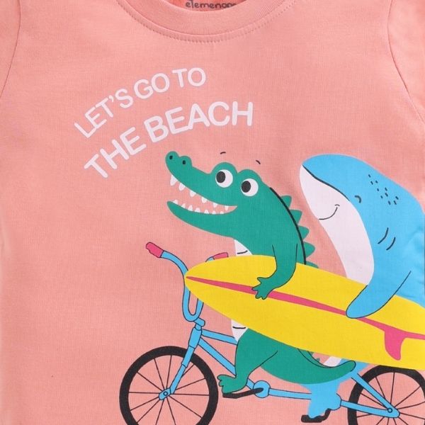 Elemenopee Boy's T-Shirt – Peach with Fun Croc & Shark Print and Beachy Theme
