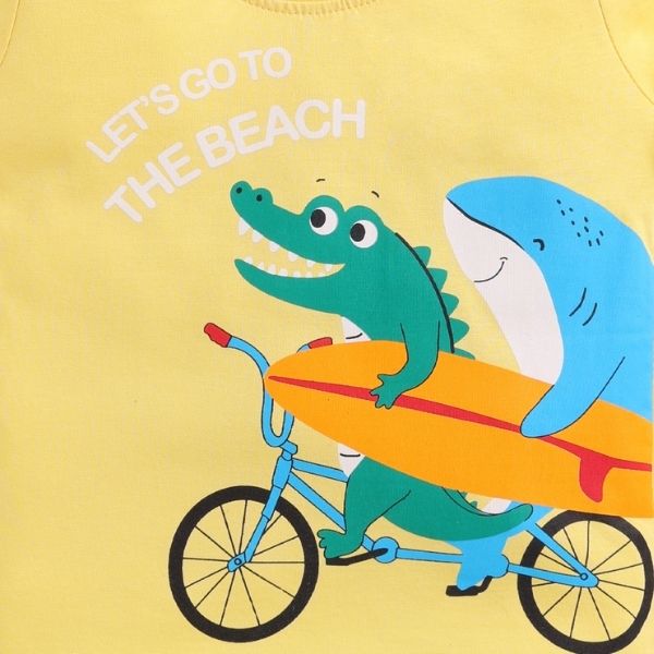 Elemenopee Boy's T-Shirt – Yellow with Fun Croc & Shark Print and Beachy Theme