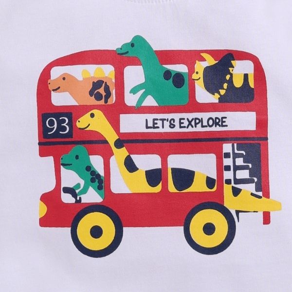 Elemenopee Adventure Theme White T-shirt for Boys - 'Let's explore' Dino & Bus Print