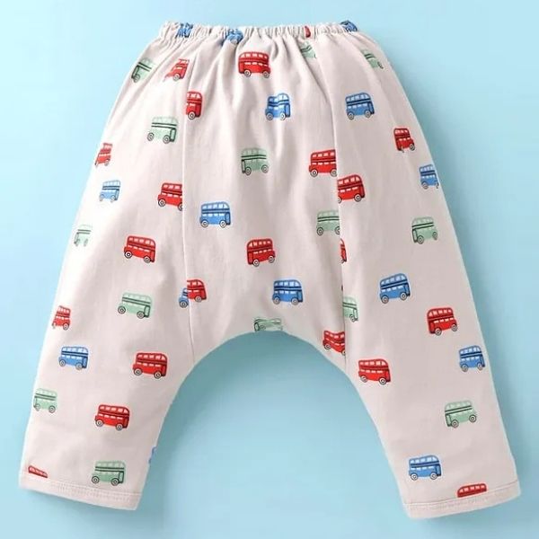 Cute Breathable Full Length Diaper Leggings Bear & Bus Print Pack of 2 -Peach & Offwhite