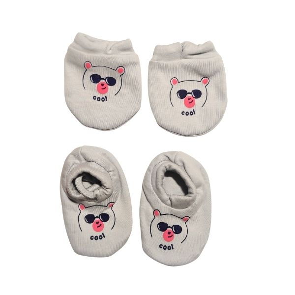 100% Cotton Printed Mittens & Booties set - Cool Grey