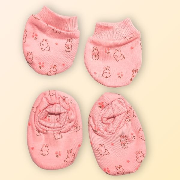 100% Cotton Printed Mittens & Booties set - Candy Pink