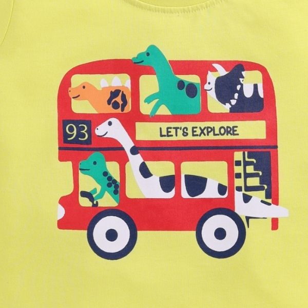 Elemenopee Adventure Theme Yellow T-shirt for Boys - 'Let's explore' Dino & Bus Print