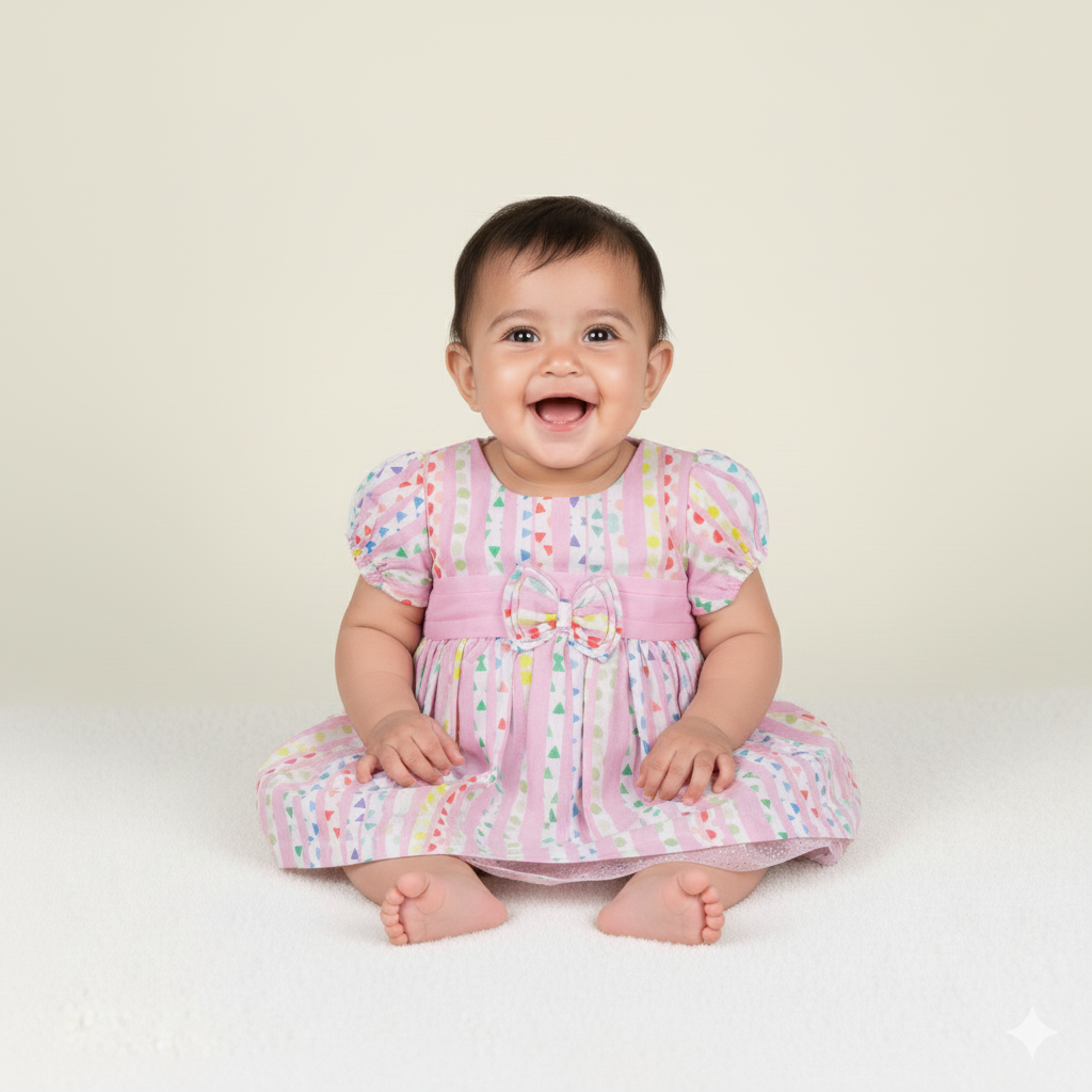 Toffyhouse Girls’ Pink Cotton Blend Printed Frock – Cap Sleeves, Back Button Closure