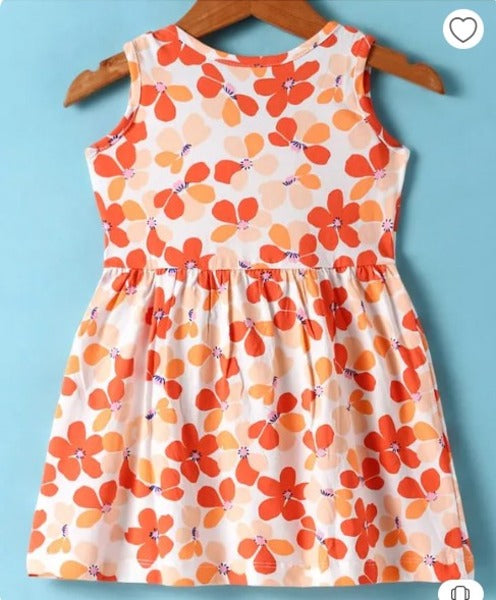 Teddy Sinker Knit Sleeveless Frock with Floral Print & Bow Applique - Orange
