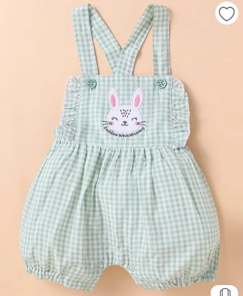 ToffyHouse Cotton Knit Half Sleeves Dungaree & T-Shirt with Bunny Print & Patch - Pink & Mint