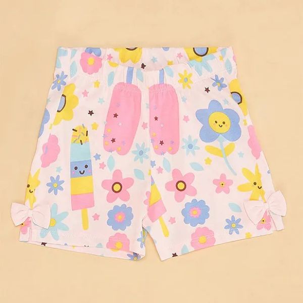 Cotton Half Sleeves Ice Cream Printed Tee With Shorts Set - Pink