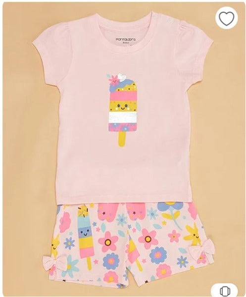 Cotton Half Sleeves Ice Cream Printed Tee With Shorts Set - Pink